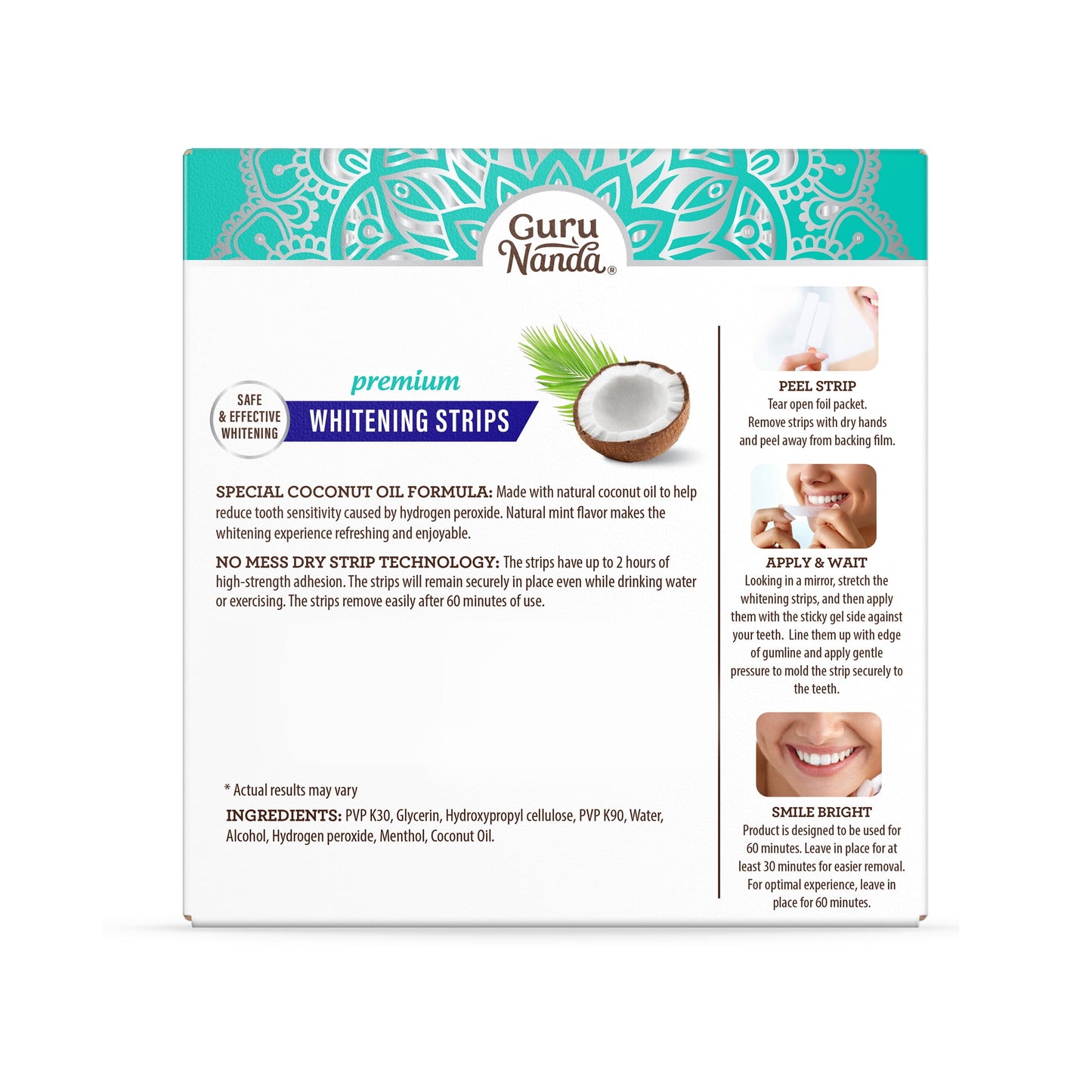 GuruNanda Teeth Whitening Strips - At Home Kit - Infused with Coconut Oil - 7 Treatments