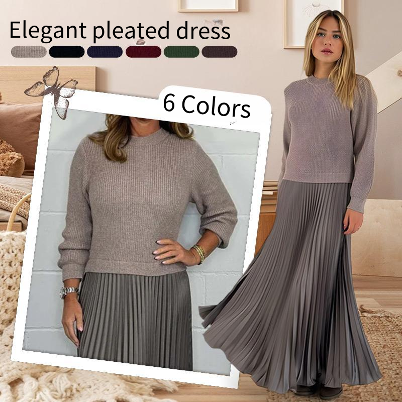 Women's Solid Color Long Sleeve Jumper & Pleated Bottom Dress