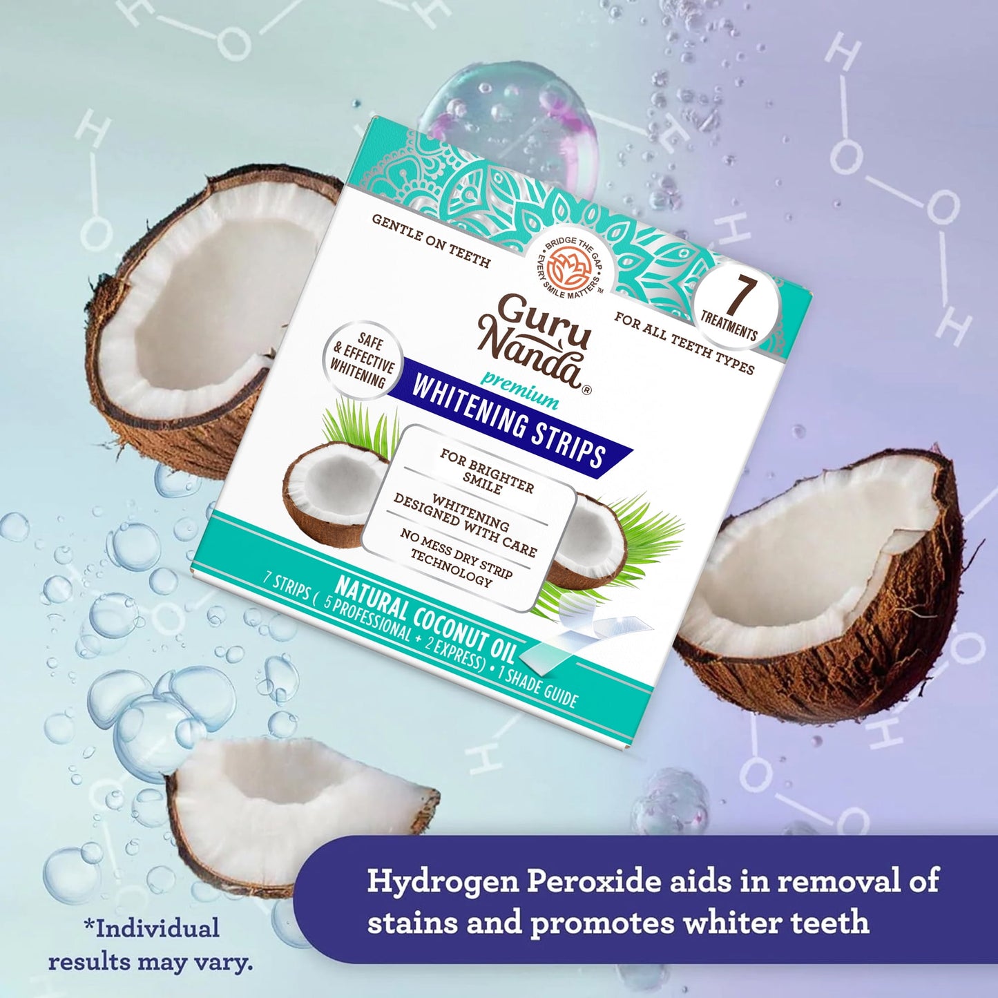 GuruNanda Teeth Whitening Strips - At Home Kit - Infused with Coconut Oil - 7 Treatments