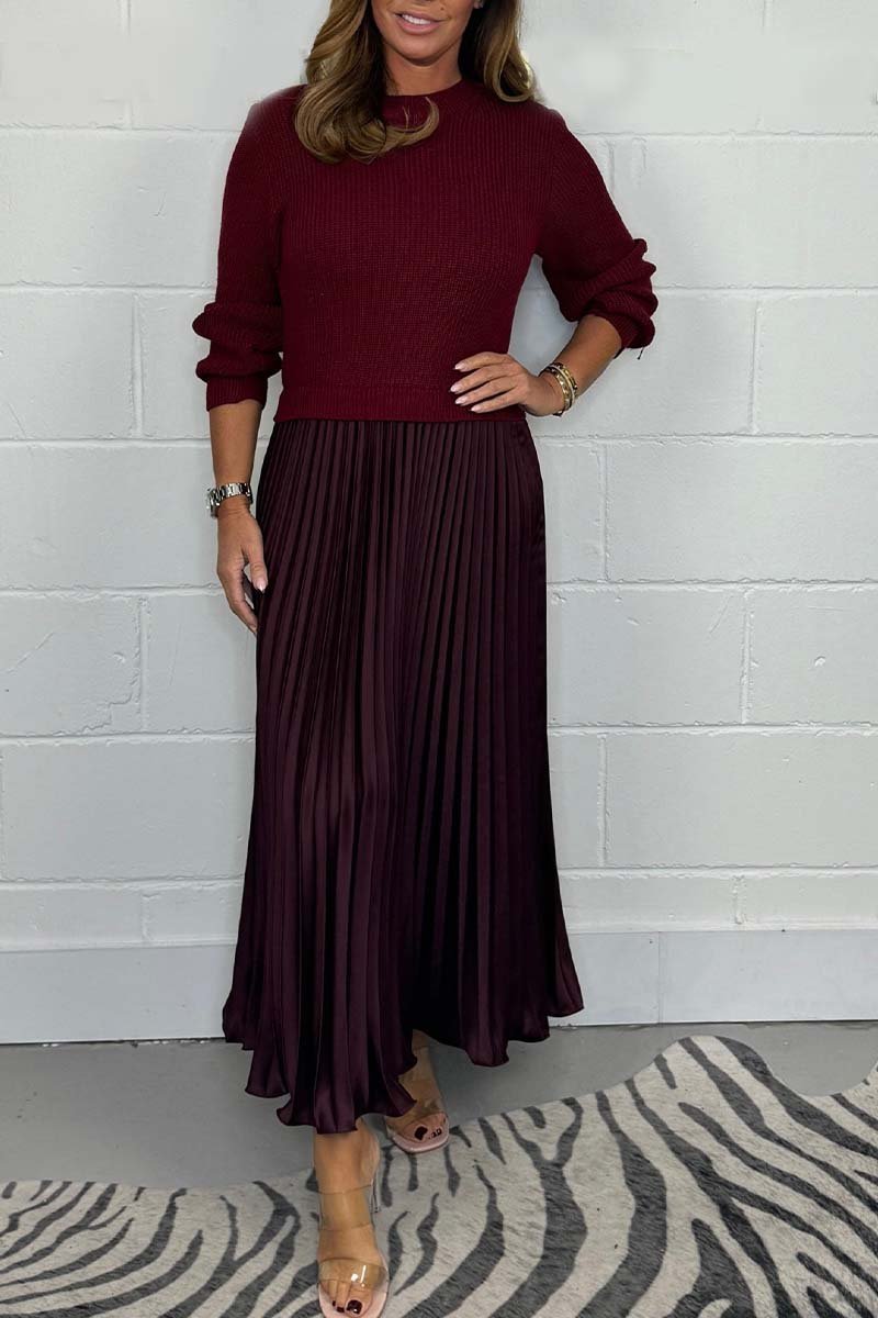 Women's Solid Color Long Sleeve Jumper & Pleated Bottom Dress