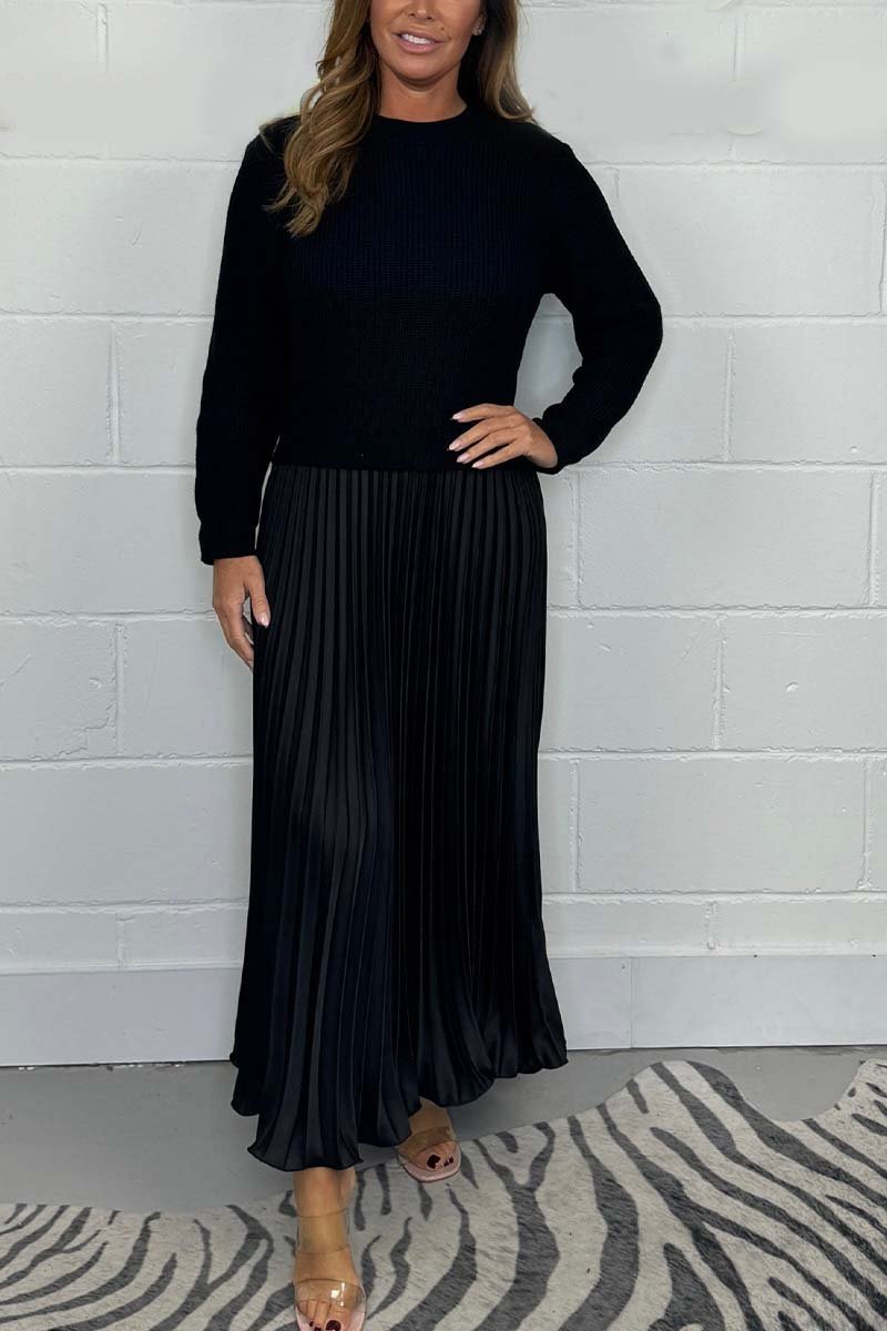 Women's Solid Color Long Sleeve Jumper & Pleated Bottom Dress