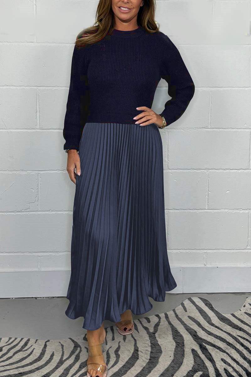 Women's Solid Color Long Sleeve Jumper & Pleated Bottom Dress