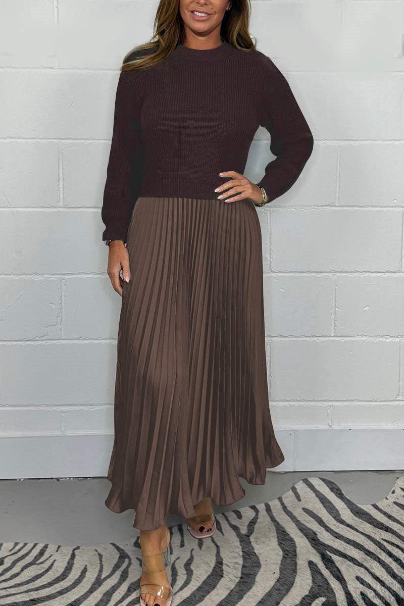 Women's Solid Color Long Sleeve Jumper & Pleated Bottom Dress