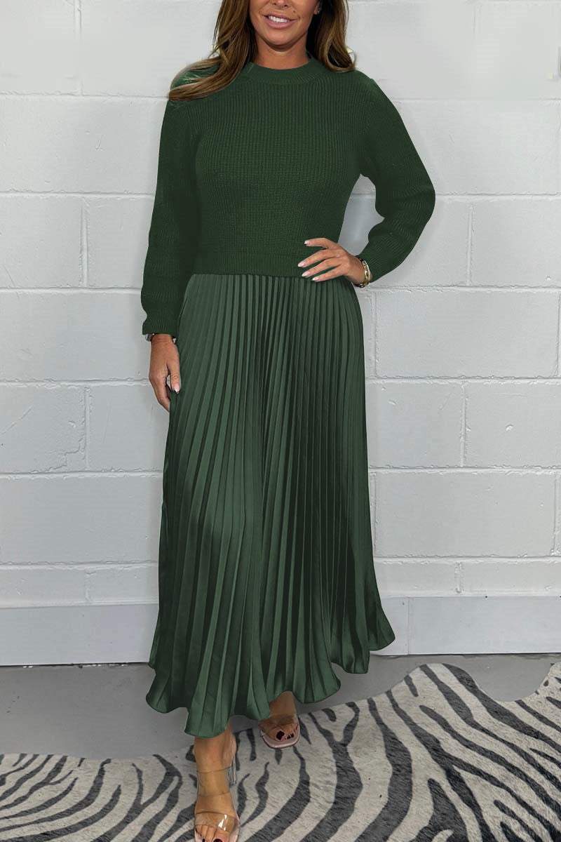 Women's Solid Color Long Sleeve Jumper & Pleated Bottom Dress