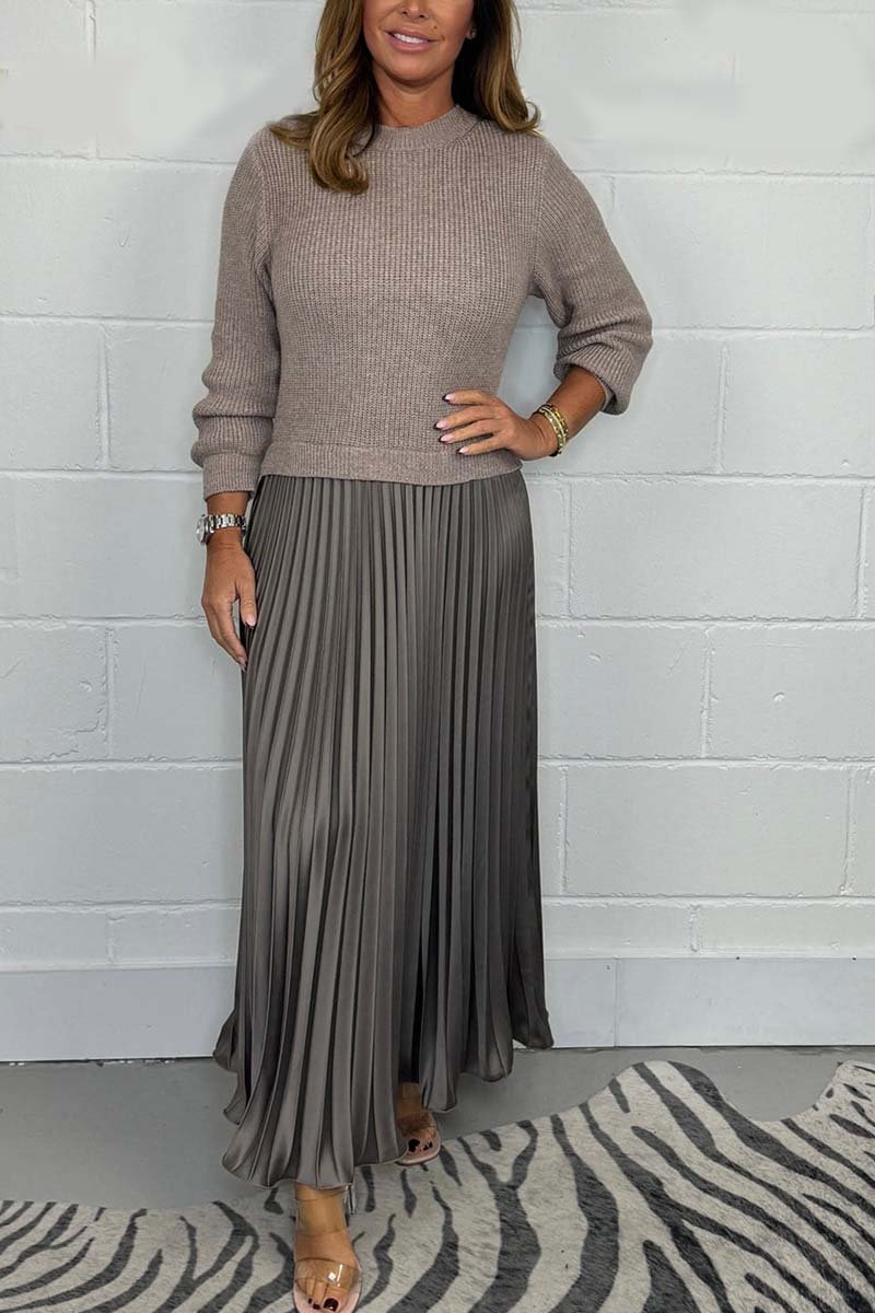 Women's Solid Color Long Sleeve Jumper & Pleated Bottom Dress